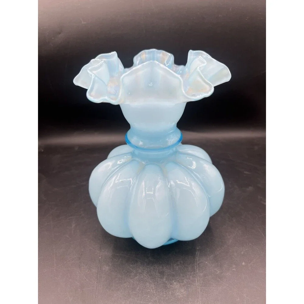 Vintage Fenton Blue Opalescent Melon Vase Ruffled Crimped Rim Art Glass 7.5”